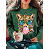 Autumn and winter women's bubble blowing pink chewing gum leopard print round neck long sleeved T-shirt