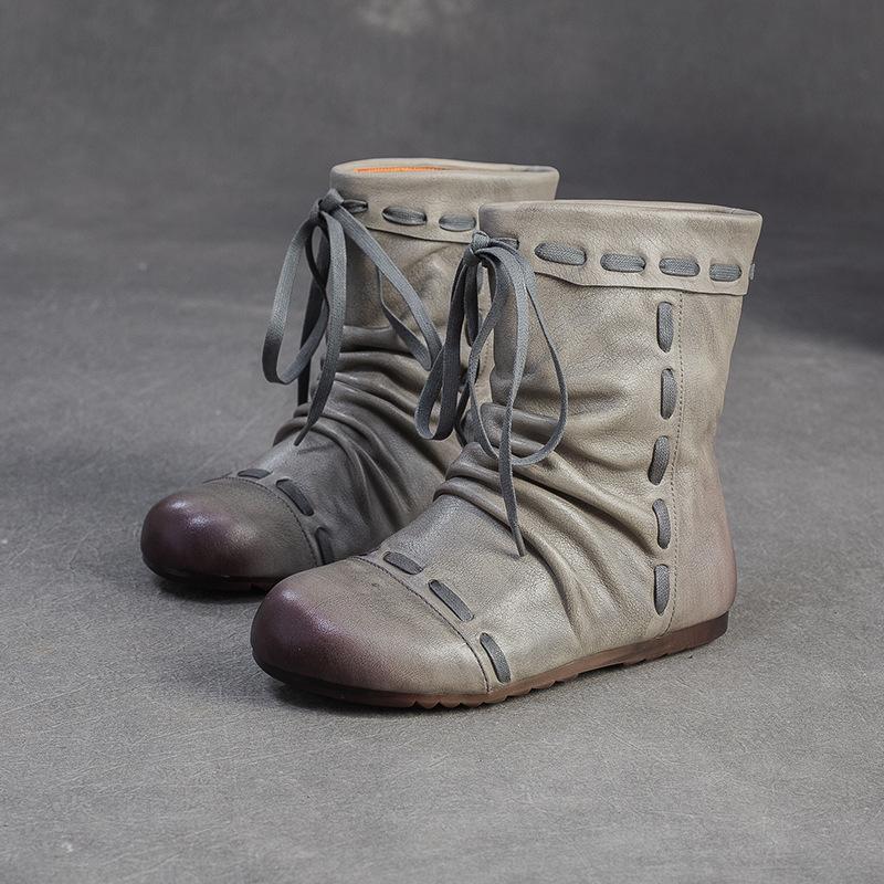Fashion GKTINOO 2025 Autumn/Winter New Genuine Leather Pleated Round Toe Short Boots Retro Soft Soled Versatile Women's Shoes