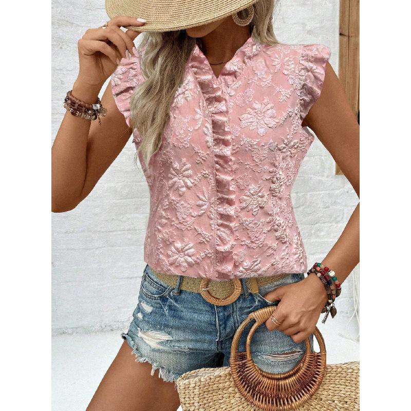 2026 New Summer Women's Vest Pullover Ruffle Trim Jacquard Short Sleeve Shirt