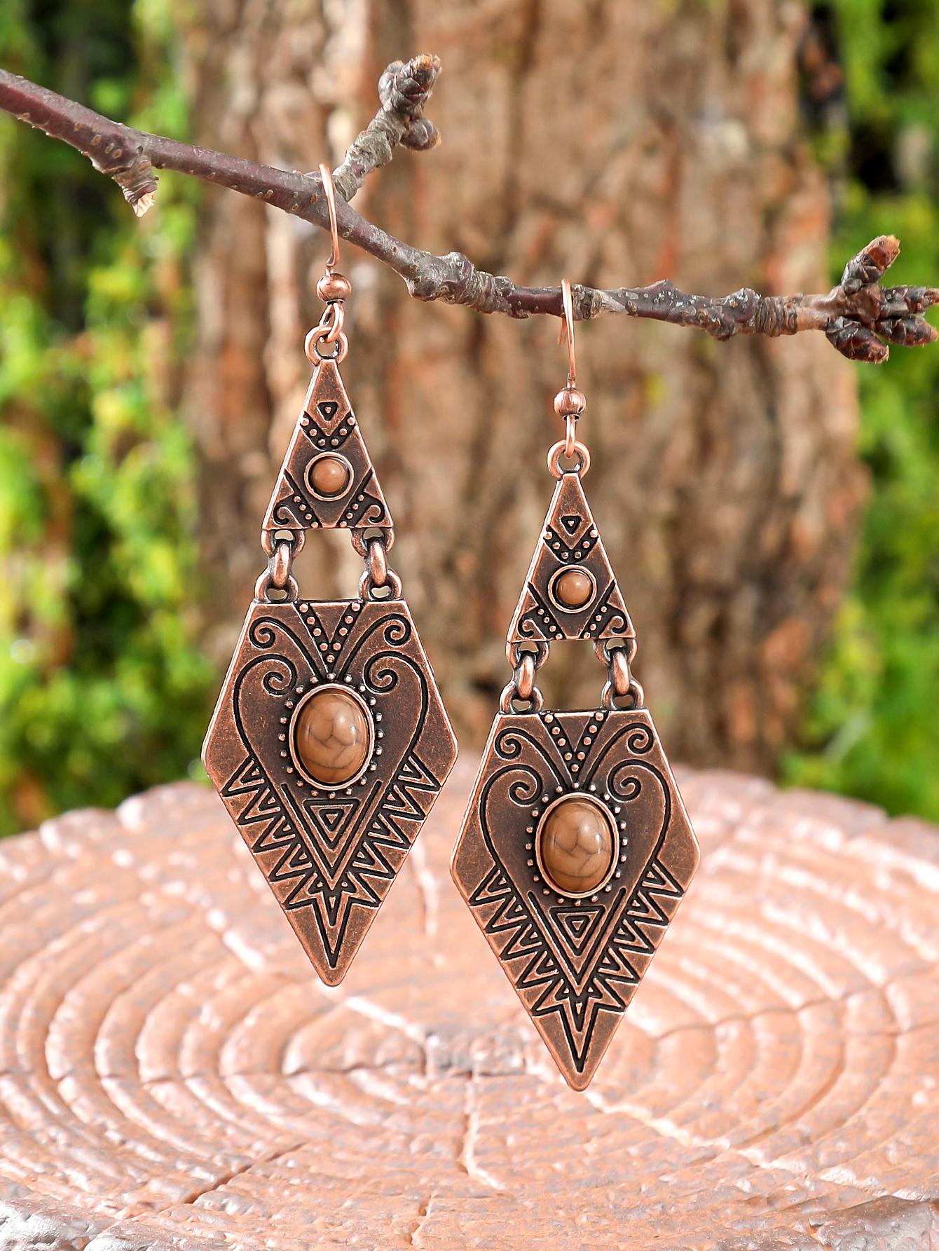 

1 пара серег в этническом стиле для женщин, геометрический ромб, винтажное серебро, бохо-аксессуары, для повседневной носки, для вечеринок, декор, подарки, универсальные