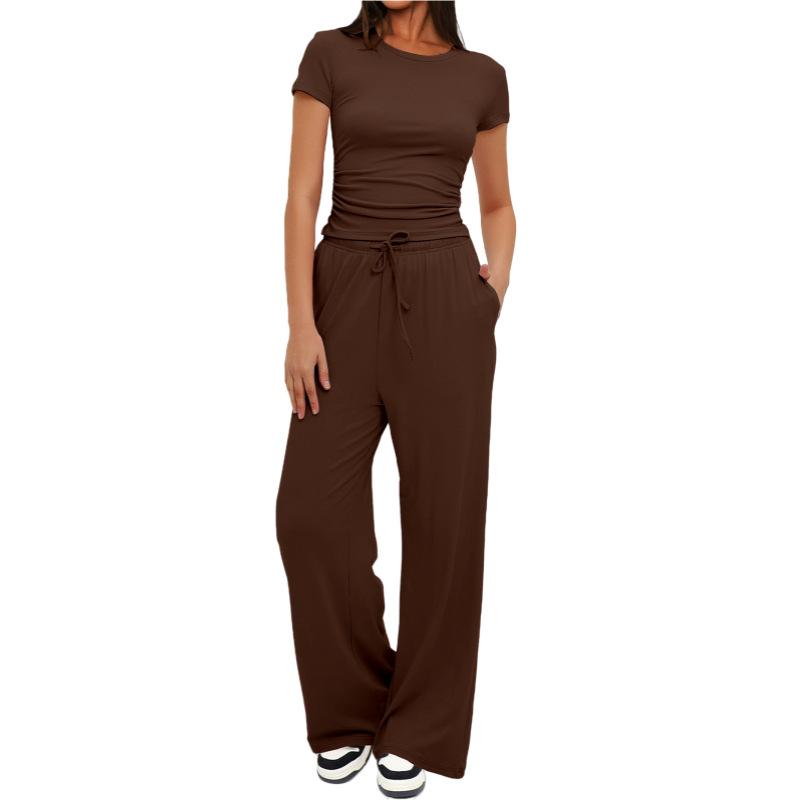 Solid Color Casual Long Sleeve Set Top High Waisted Wide Leg Pants Sportswear