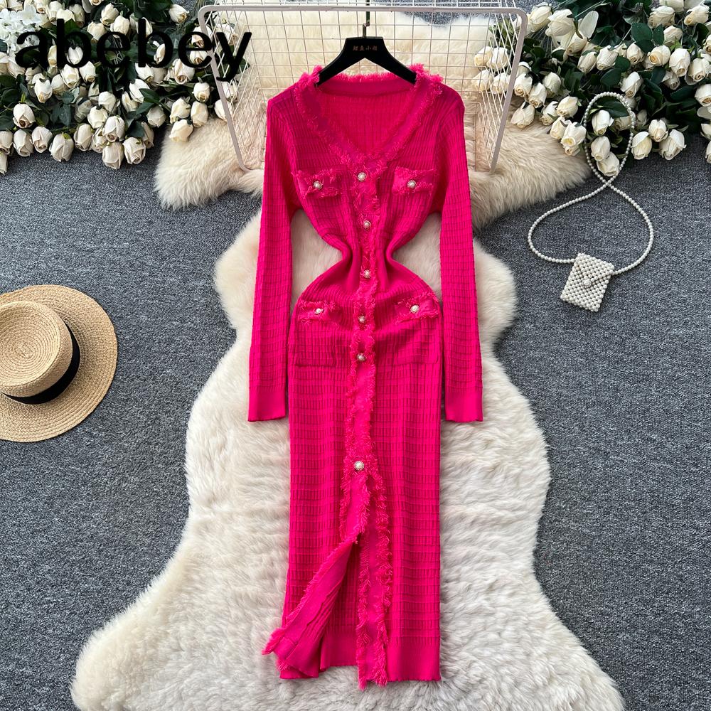 Neue Damenkleider Herbst Winter Vintage Patchwork Strick-Midikleid Elegant V-Ausschnitt Damen Rüschenhemd Pulloverkleid