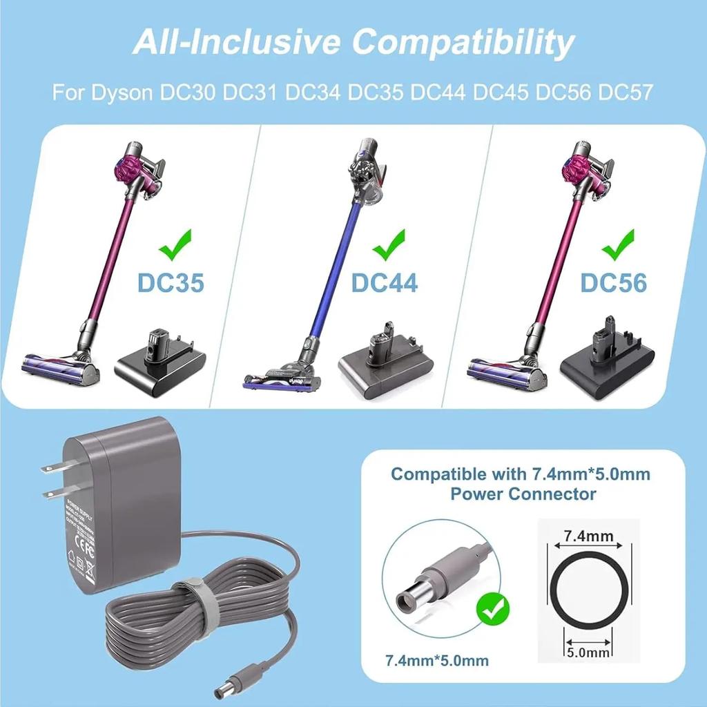 24.35V 348mA Replacement Charger 7.4*5.0mm Port for Dyson DC30, DC31, DC34, DC35, DC44, DC56, and DC57 Cordless Vacuum