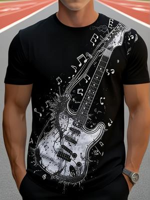 Men's Guitar Print T-Shirt Suitable for Home, Office & Outdoor - Comfortable Crew Neck Short Sleeve Shirt with Music Design, Machine Washable Casual