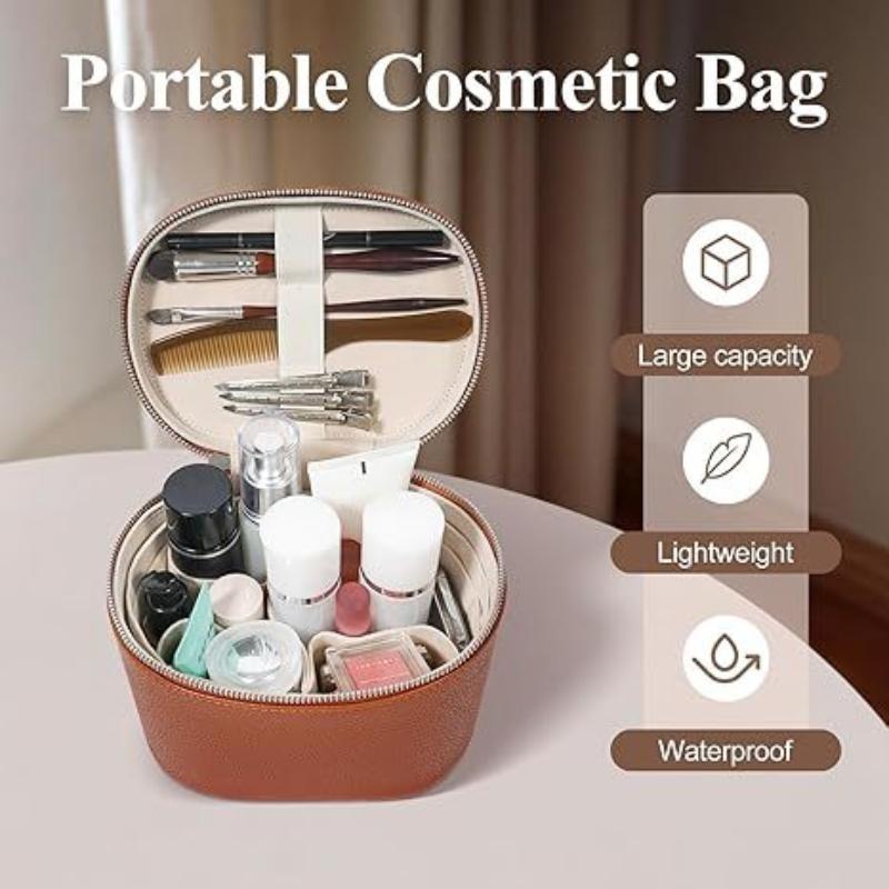 Portable PU Leather Cosmetic Organizer Handbag Soft Lining Removable Divider Makeup Case for Business Trips