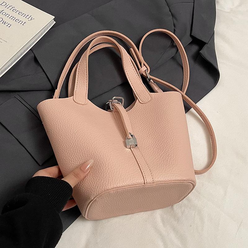 Simple Temperament Lychee Pattern Portable Bucket Bag Casual Light Luxury Solid Color High-end Messenger Bag Bag Female