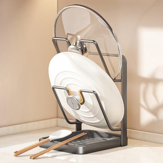 Pot Lid Holder with Drain Carbon Steel Utensils Pan U-Shaped Groove Design Kitchen Organizer Drip Tray