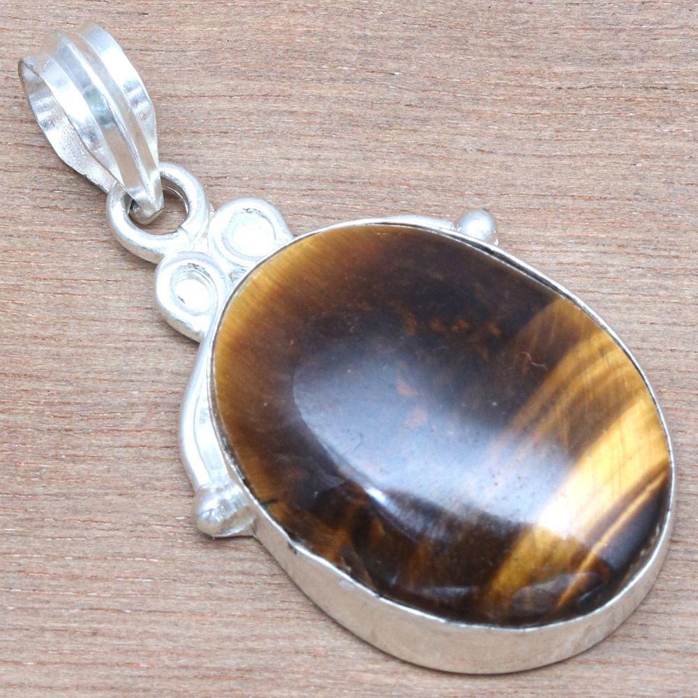 Pendant Tiger's Eye Gemstone Handmade Mother'Day Silver Jewelry 1.75"