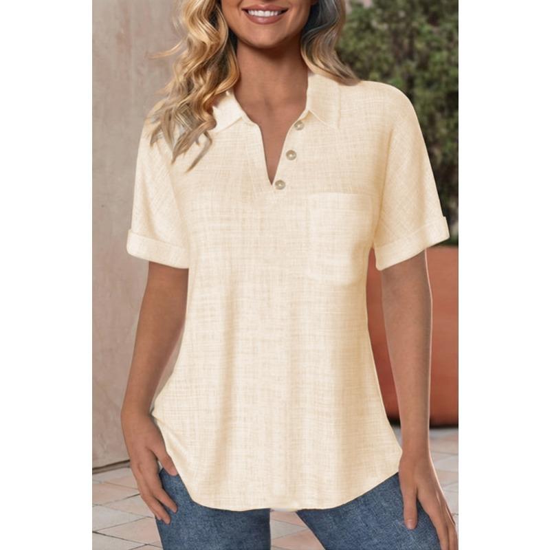 QICED Women's Fashion Casual Solid Color Print POLO Neck Short Sleeve Blouses & Shirts