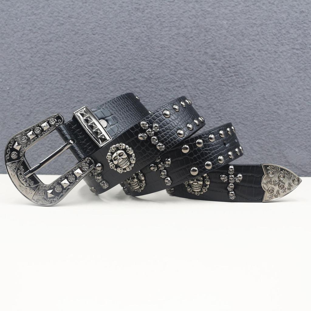 Crocodile Pattern Western Rivet Skull Punk Leather Belt, Unisex Y2K Style