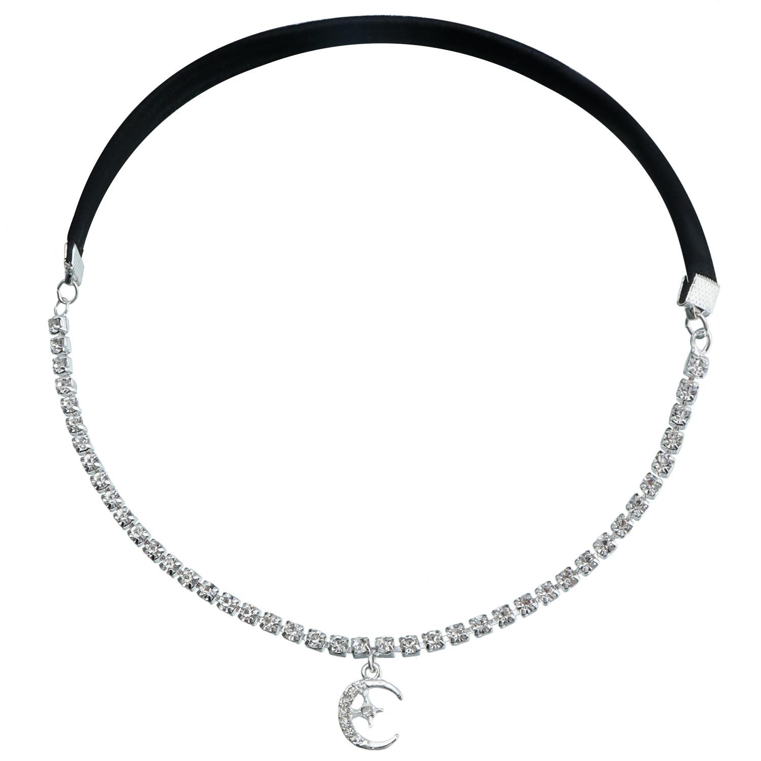 

Simple rhinestone chain leg chain black elastic belt crescent pendant leg ring beach versatile серебряный