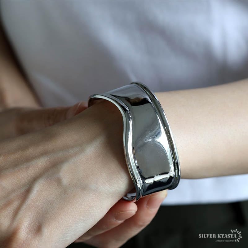 Wide Bangle Bracelet for Gold or 18K GP Simple Bone Cuff Women, Silver, Mirror-Finished, Gold, (Silver)