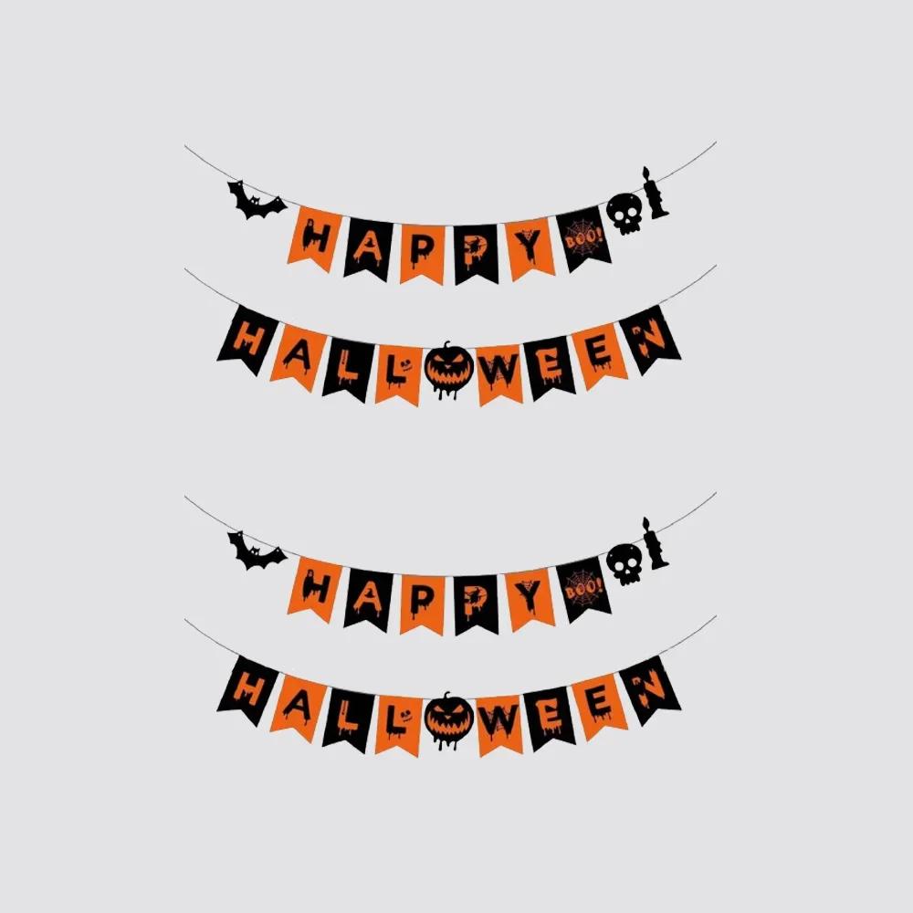 1/2pcs-Halloween flag hanging ornaments-decorated with ghost bat skeletons and scary pumpkins, festive decorations