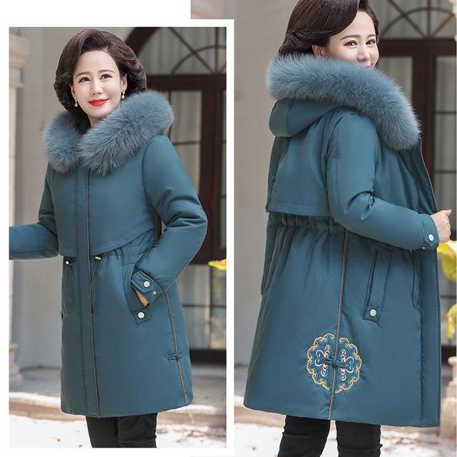Winter Thickened Cotton Coat with Fleece for Mother with Embroidery Decoration