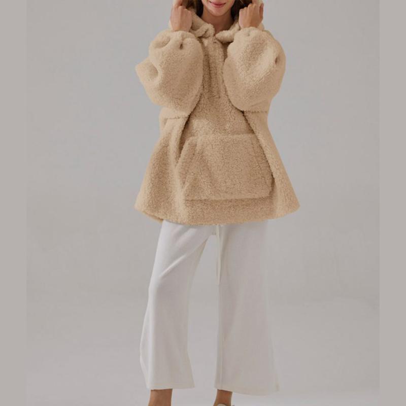 Fashionable Hooded Sweatshirt Women Solid Color Casual Pullover Top