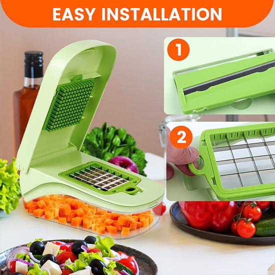 Gemüsehacker mit 8 Klingen Julienne-Schneider Würfelschneider Reibe Schäler Edelstahl Zwiebelhacker Unverzichtbares Küchenwerkzeug für Kartoffeln Karotten Zwiebeln