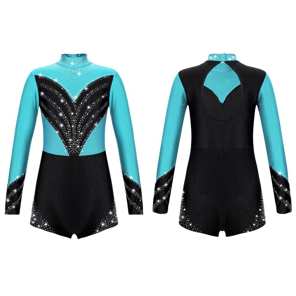 Kids Girls Stylish Clothing Long Sleeve Stand Collar Shiny Rhinestone Decor Contrast Color Gymnastic Dance Jumpsuit
