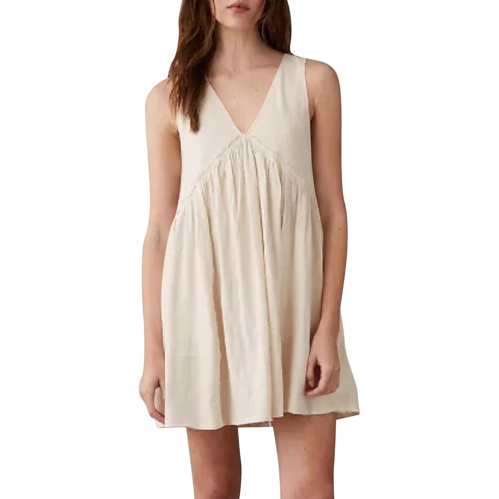 Women's Casual Sleeveless Dress Loose V Neck Backless Pleated Short Tank Sundress With Pockets