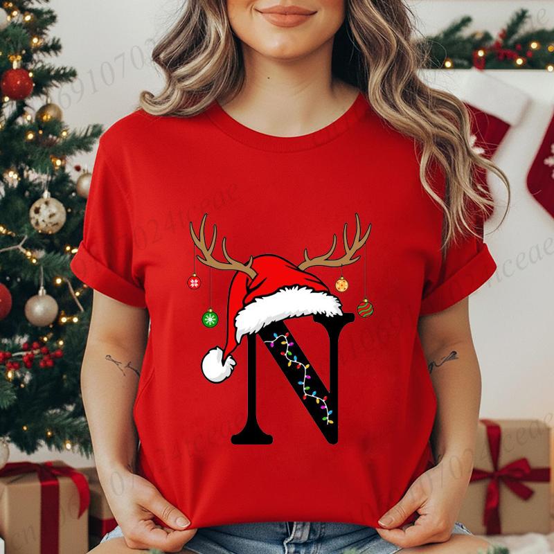 Fashion Christmas Alphabet Santa Reindeer Print T-Shirts Fashion Clothing Short Sleeve T-shirt Christmas Party Trend Women Tops