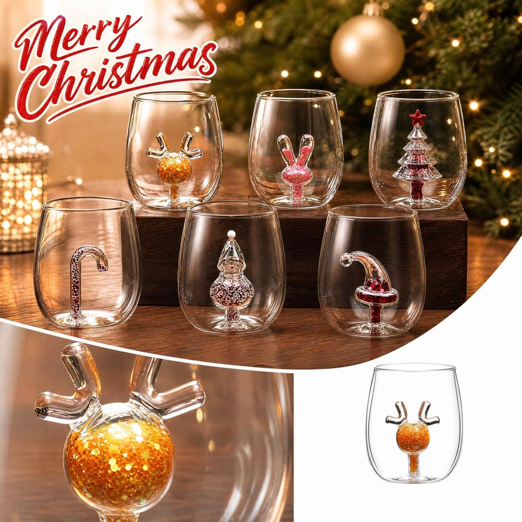 Borosilicate Glass Coffee Mug with 3D Christmas Design and Colorful Glitter - Clear Glass Cup for Hot and Cold Drinks