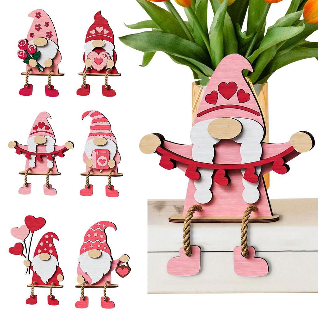 Wooden Pink Red Valentines Gnome Sign Tabletop Centerpiece Romantic Valentines Gnome Ornament for Wedding Home Tiered Tray Decor