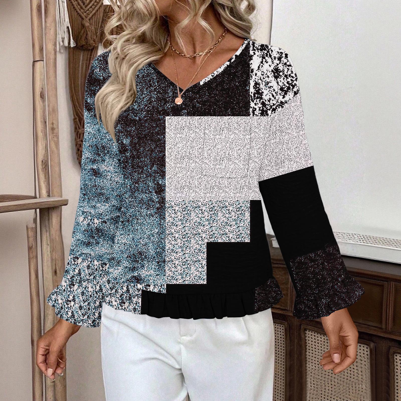 

Женский повседневный модный топ с оборками, V-образным вырезом, карманом и принтом в стиле ретро, с длинным рукавом S чёрный