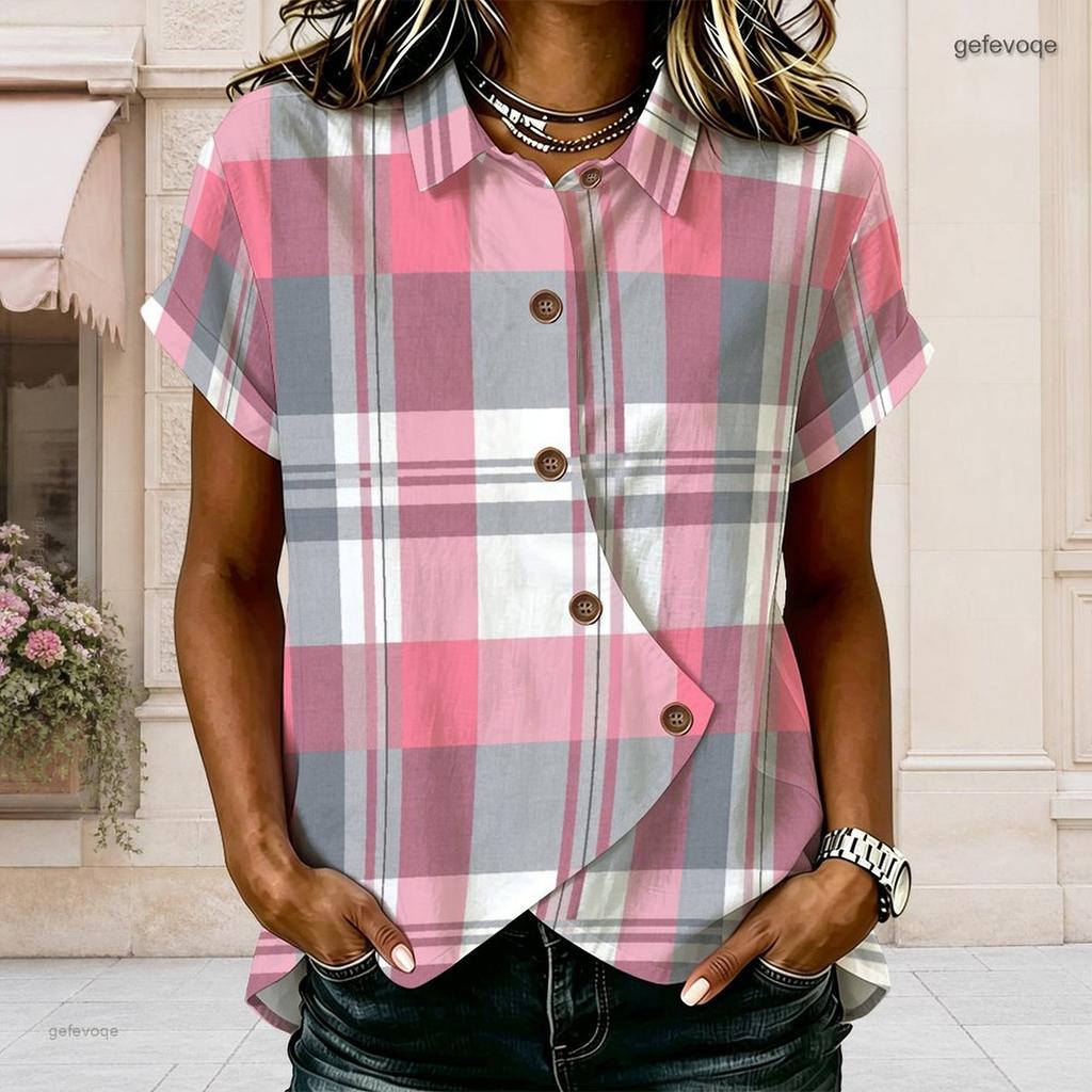 Women Plus Size Shirt Collar Short Sleeve White Gray Red Printed Button Front Cross Hem Blouse