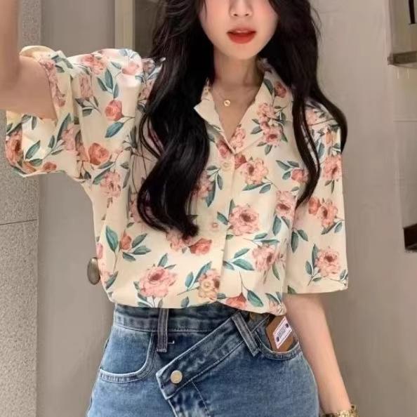 1116 Summer New Flower Shirt Women's Short-sleeved Shirt Korean Retro Hong Kong Style Chic Design Niche Top