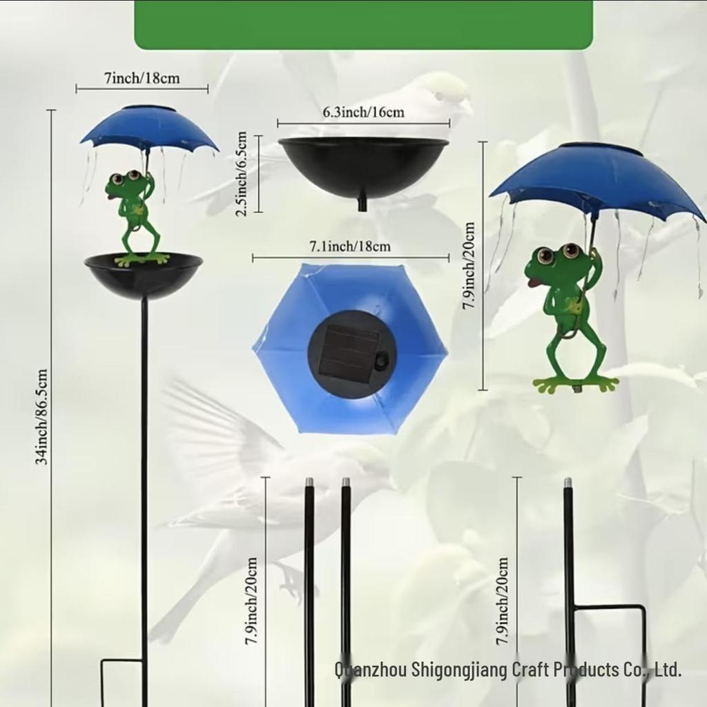 Wrought Iron Frog Bird Feeder with Solar Lamp & Umbrella Stand