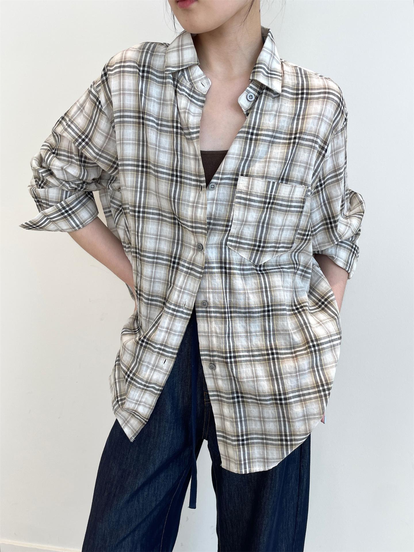 

Nan Yu 100% Cotton Plaid Loose Long Sleeve Sun Protection Shirt for Women - Early Autumn 2025 Collection One Size