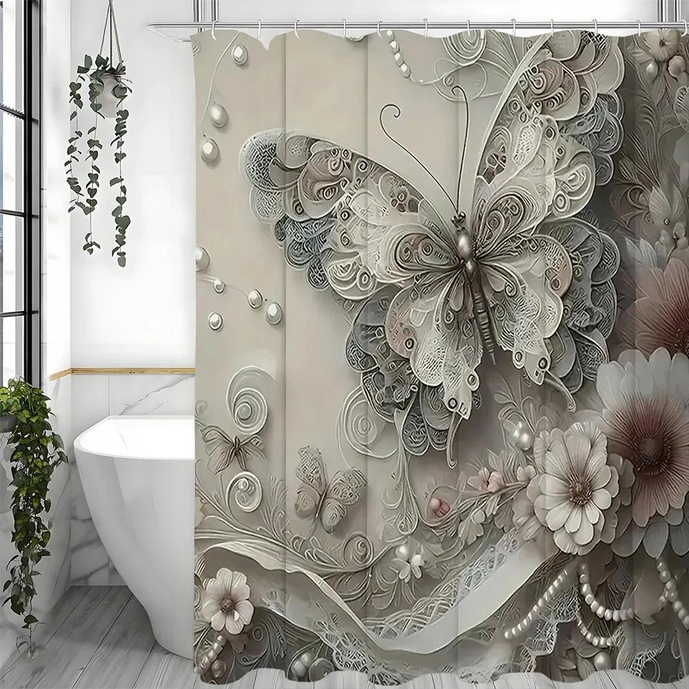 Cortina de Ducha Decorativa con Mariposas y Flores de Arte en Relieve Superficial, Cortina de Ducha Decorativa para Baño, Cortina de Ducha Impermeable con Ganchos