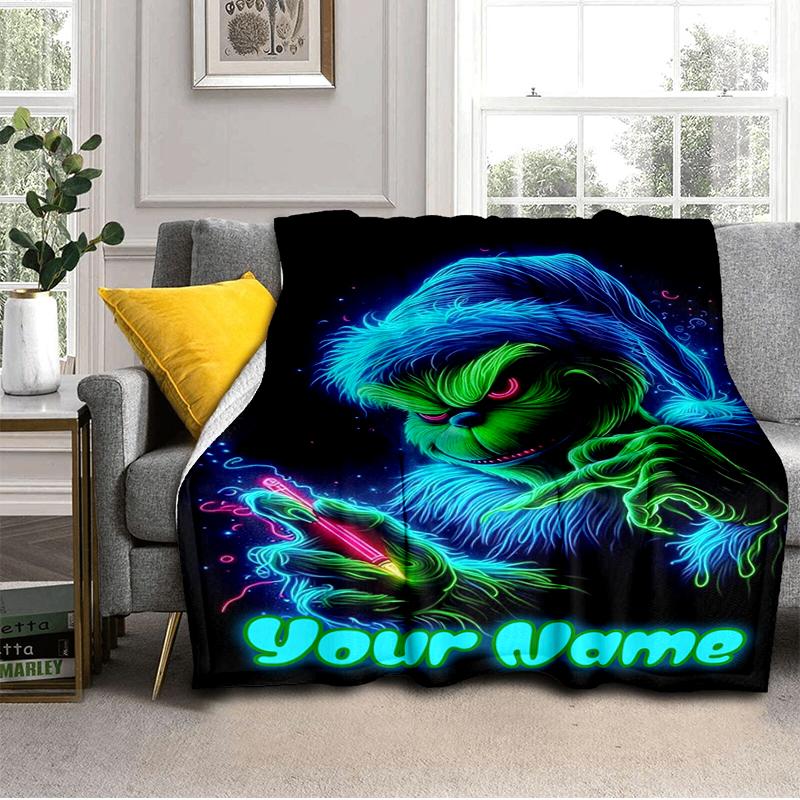 1PC Custom Name "Neon Grinch Night" Flannel Blanket Versatile,all-season Throw Suitable for the Living Room,bedroom,camping,travel,and Gift
