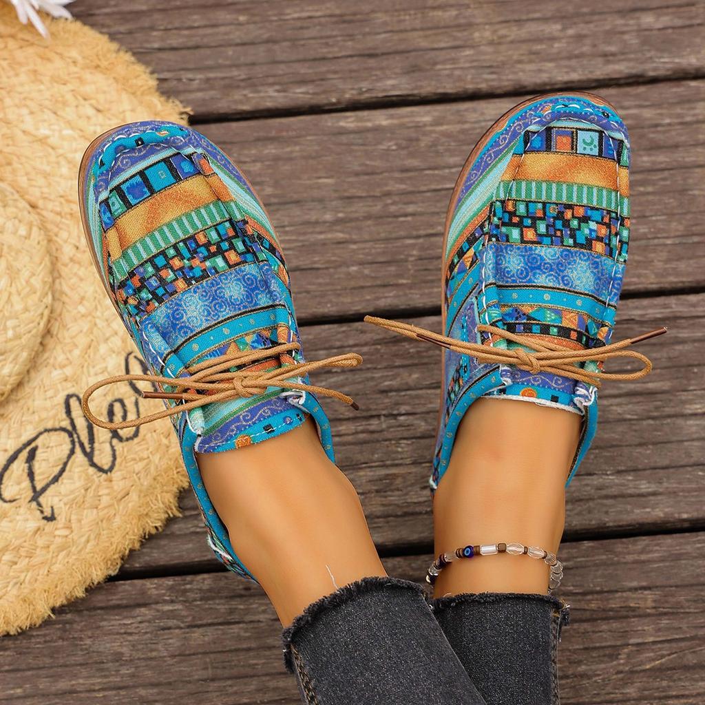 Plus-size Ethnic Style Casual Single Shoes Women's Colorful Lace-up Graffiti Low-top Wood Grain Platform Shoes