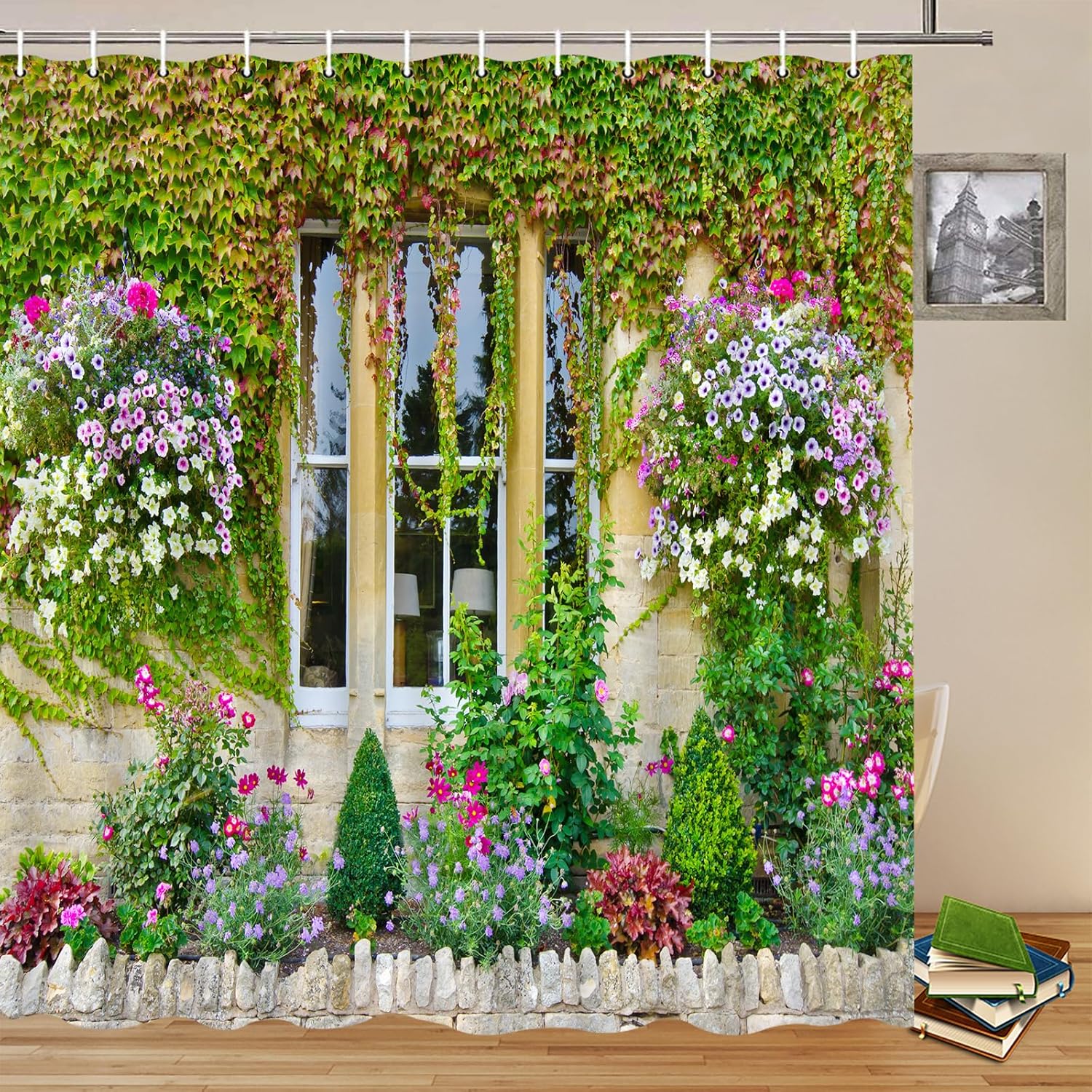 

Italian Building Landscapes Shower Curtains European House Window Garden Nature Landscape Spring Flower Vine Green Leaves Plant W60H190(CM)-1 Pcs