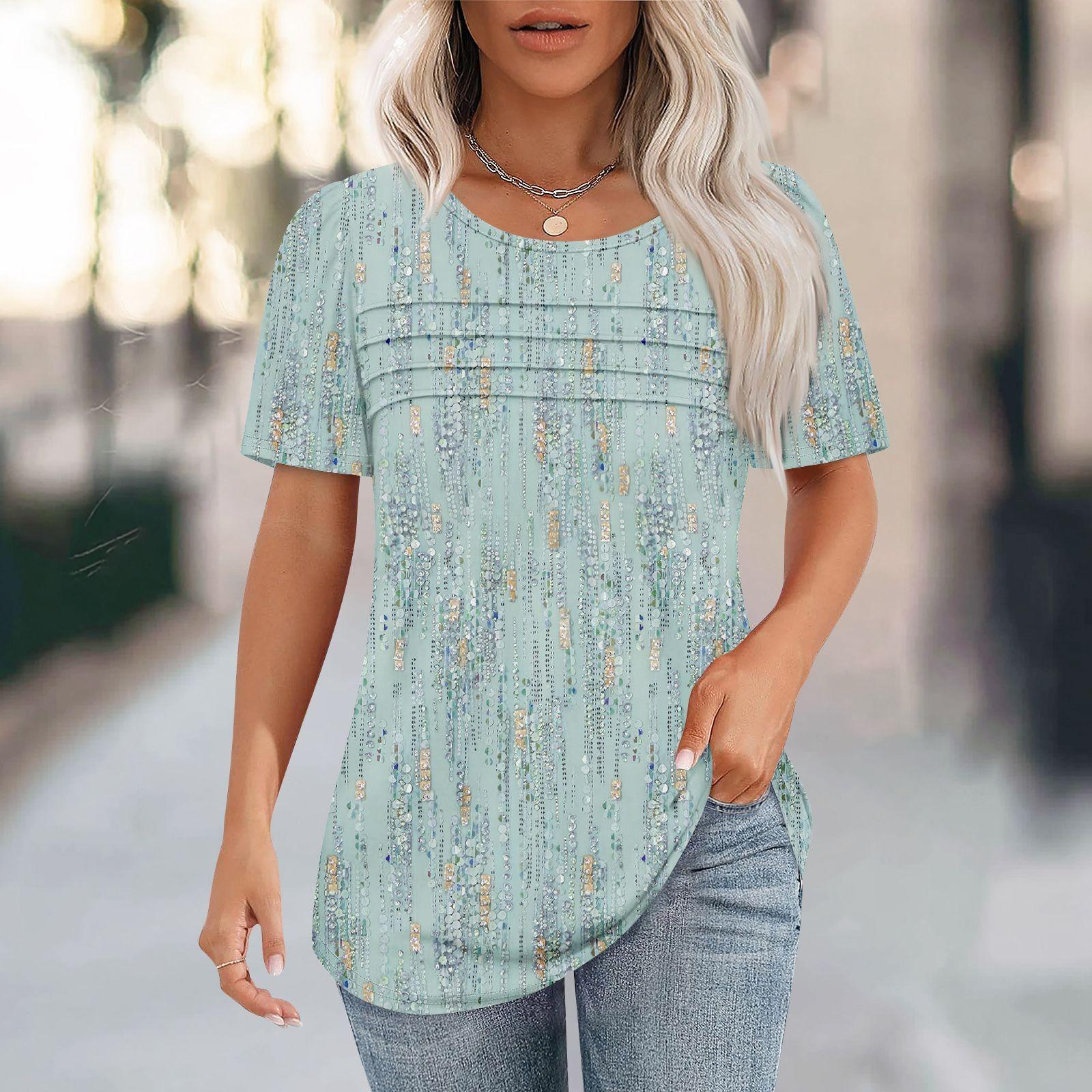 

Футболки для женщин, плиссированные, с круглым вырезом, нарядные, повседневные, блузки с принтом, с коротким рукавом, летние топы, свободный крой S