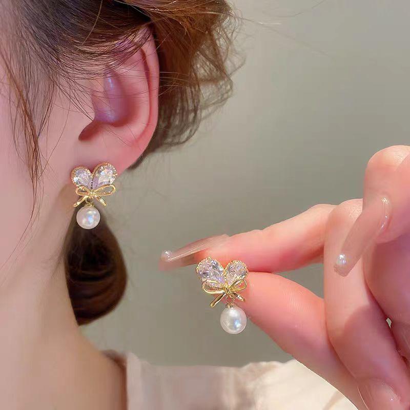 Sweet CZ Crystal Bowknot Imitation Pearl Pendant Earrings for Women Personality Party Wedding Zircon Wholesale Girl Gift