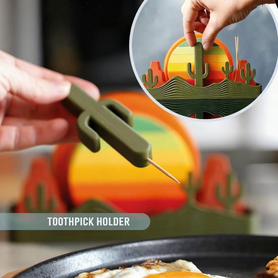 Sundowner Coaster Set with Cactus Toothpick Holder Mountain Salt & Pepper Shakers And Sun Bottle Opener Desert-Themed Table Decor for Party