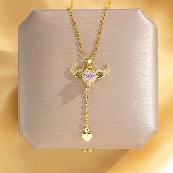 Yousheng Choker Necklace Alloy Sparkling Rhinestones Angel Heart Pendant Necklace Adjustable Length Necklace Jewelry Gift