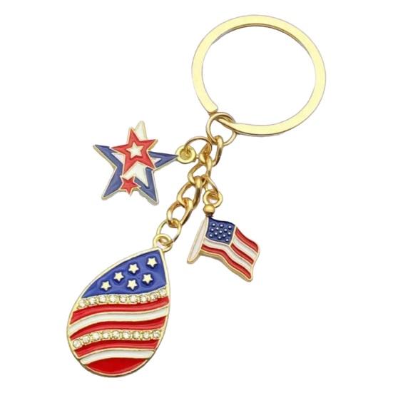 Independence Day Keychain Pendant, Enamel Zinc Alloy Key Holder with USA Letters Stars Hearts Patriotic Design, American Flag Accessory