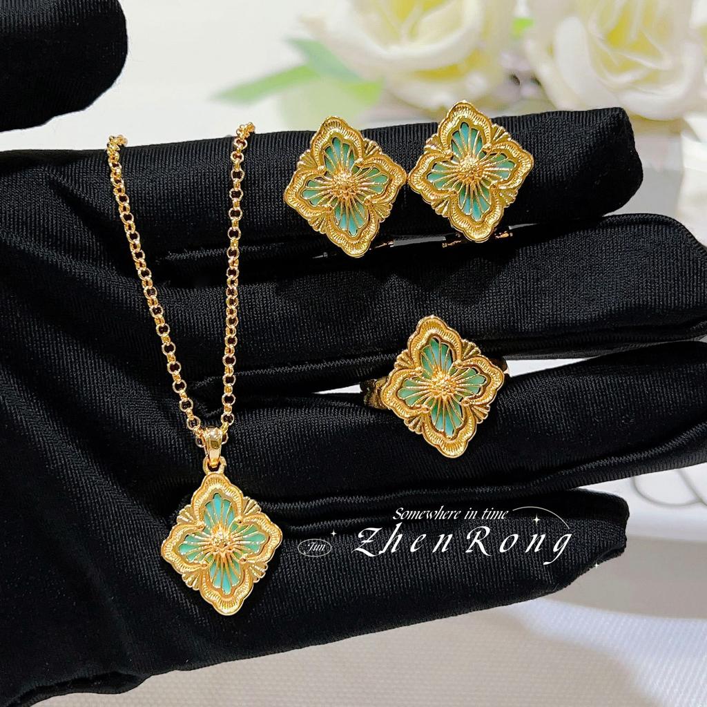 Italian Brushed Craftsmanship Retro Court Wind Tianhe Stone Set Four-Leaf Clover Bracelet Powder Agate Necklace Ring Ear
