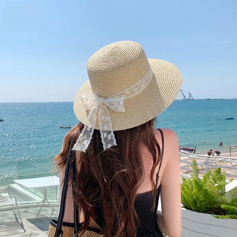 Summer Straw Hat With Lace Ribbon Large Brim Sun Protection For Beach Vacation Women