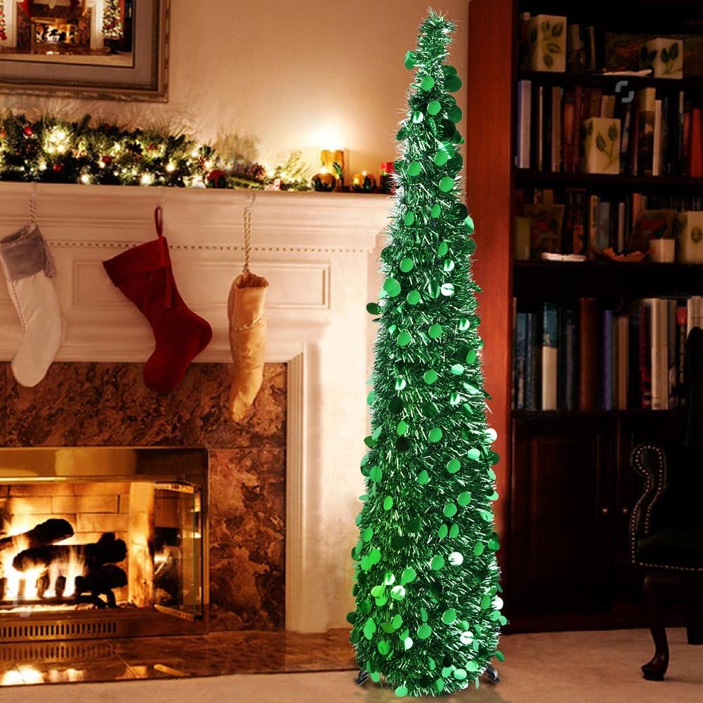 

5ft Pre-lit Collapsible Christmas Tree, Silver Tinsel Artificial Xmas Tree with Stand for Home Office Holiday Decor