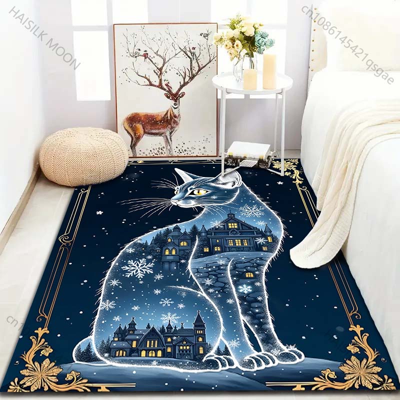 Cat Snowflake Castle Retro Pattern Carpet for Living Room Bedroom Bedside Sofa Table Floor Mat Home Area Rug Decor for Gifts