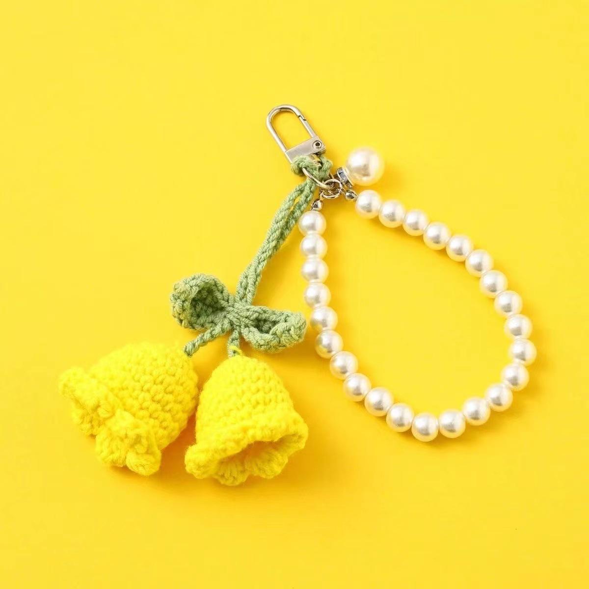 Korean Style Cute Yarn Crochet Girl Keychain with Pearl Chain and Decorative Bag Buckle