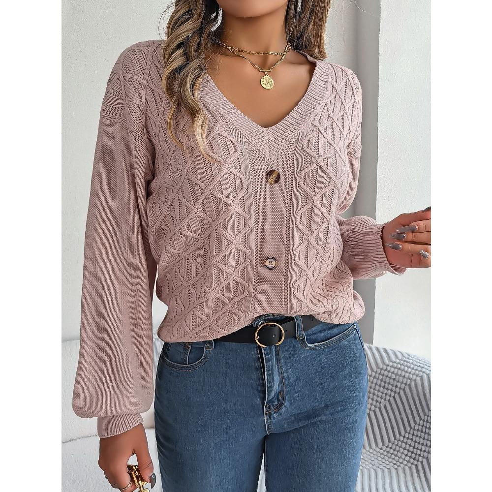 Autumn and Winter Casual Button Twist Lantern Sleeve Pullover Sweater