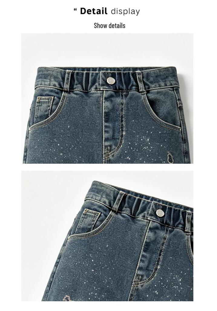 2026 Autumn Girls' Embroidered Rhinestone Denim Retro Micro-Flare Pants for Middle & Big Kids