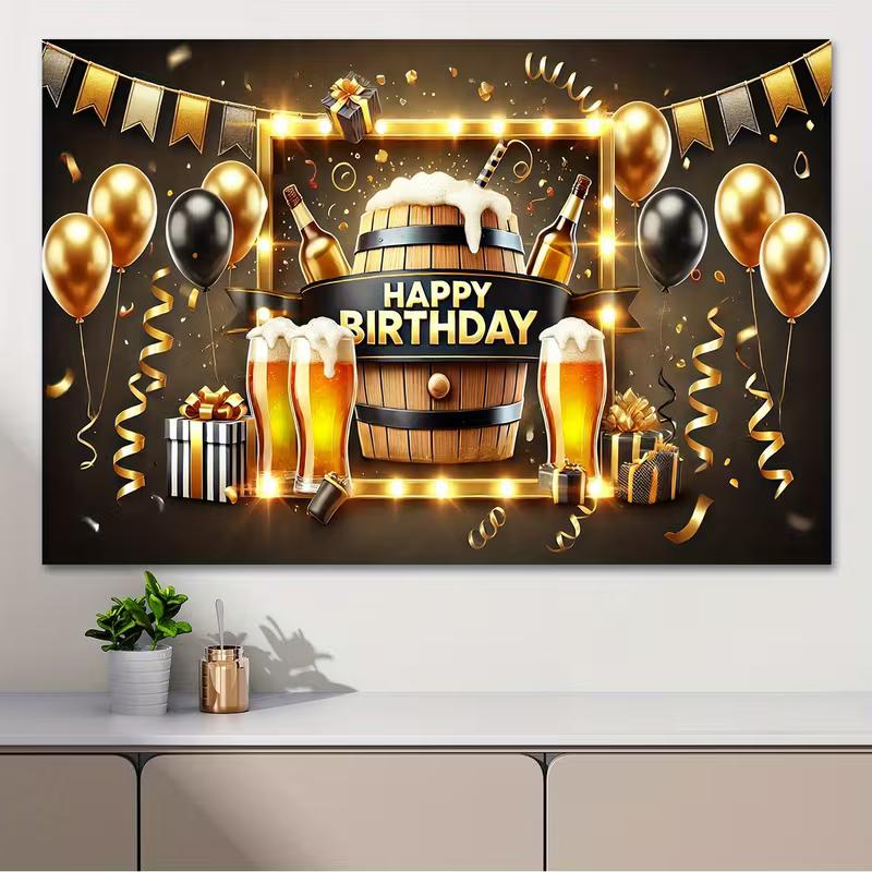 2D Flat Beer Barrel Birthday Banner Black & Gold Themed Backdrop for Men's Beer Celebration Party