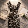 Sweet and spicy pure desire sexy spice girl one-word shoulder floral dress children's summer new slim and thin hip skirt