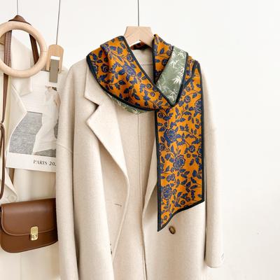 New Bamboo Forest Rose Double-sided Different Color Silk Wool Long Silk Scarf Women's Premium Versatile Silk Hair Scarf Small Ribbon
