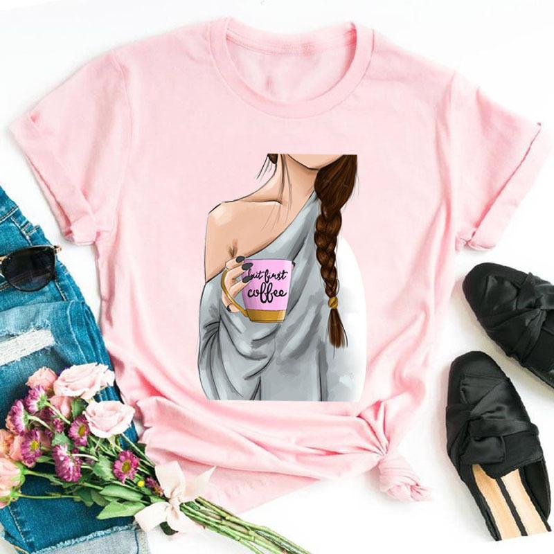 Summer Fashion Coffee Girl Urban Base Shirt Round Neck Pure Cotton Short Sleeved Women's T-Shirts Women’s